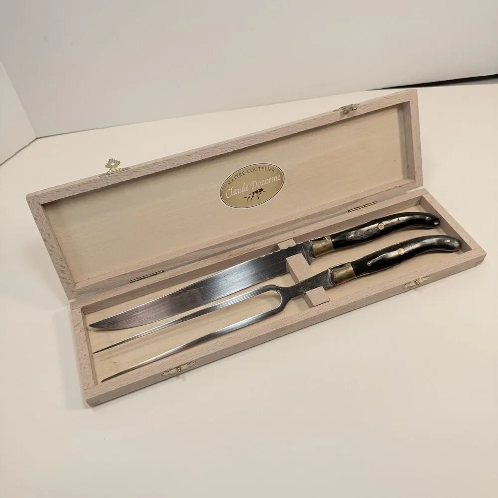 Claude Dozorme Carving Knife & Fork w/ Box Laguiole Paris France Horn Handles
